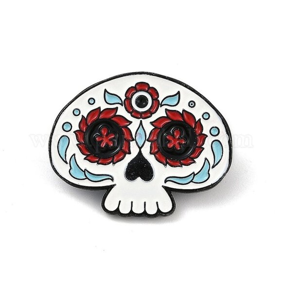 ⭐Sugar Skull Enamel Pin Calavera Broch Day Of The Dead Theme Red & White Flowers - Picture 4 of 5